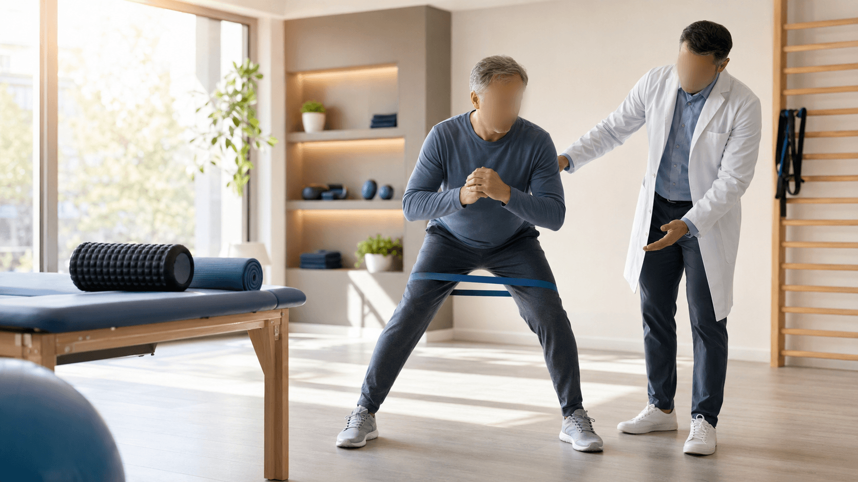 Elderly person stretching hip while sitting on a yoga mat in a bright, sunlit living room with warm tones.